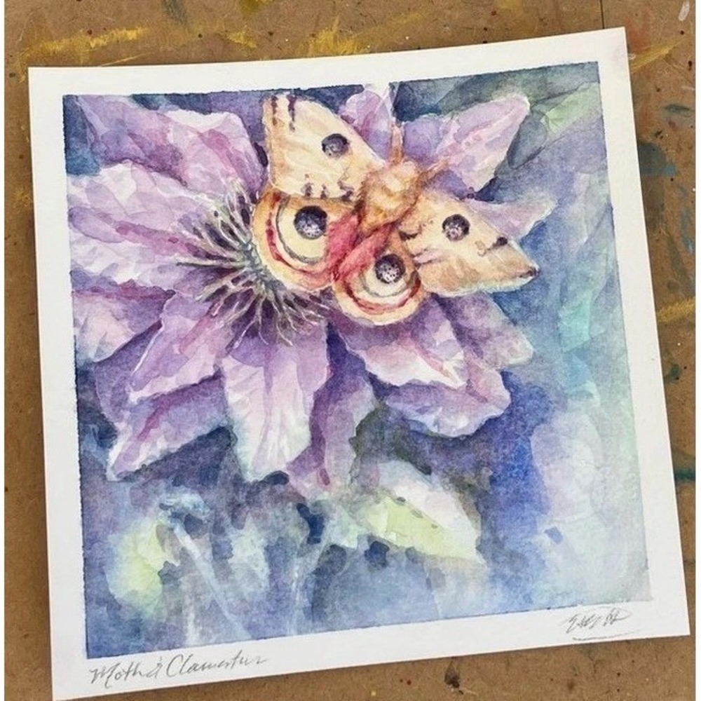 Original Painting Moth Clematis watercolor art ooak Flower artwork Artettina USA